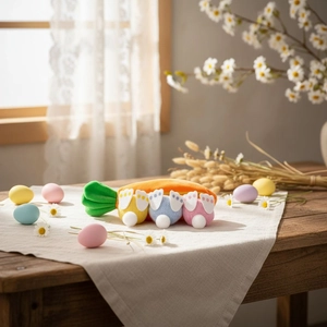 Set de peluche zanahoria de Pascua con tres conejitos de colores en mesa de madera