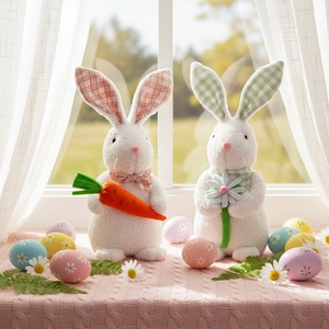 Easter Bunny Plush Ornament White Rabbit Doll With Plaid Ears Holding Carrot Flower Cute Festival Stuffed Animal Home Party Decor