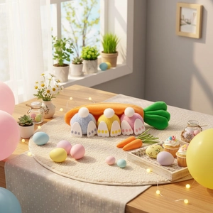 Set peluche de Pascua con bolsa de zanahoria y tres conejitos en una mesa festiva