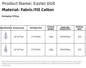 Detailed Easter rabbit doll size chart showing dimensions 25x12x7cm and cloth materials