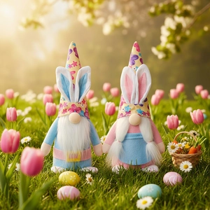 Easter gnome plush doll set with bunny ears and floral hats on spring grass background