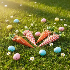 Four orange Easter carrot plushies with diverse patterns on a sunny garden grass lawn