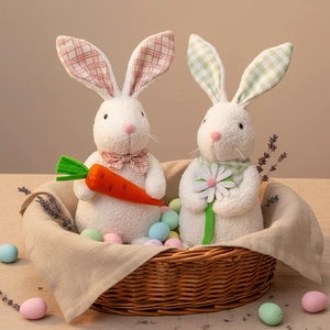 Standing Easter bunny plush dolls with plaid ears and accessories in a woven basket