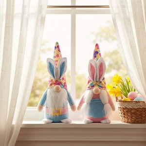 Close-up of Easter gnome plush set with floral rabbit ear hats and long white beards