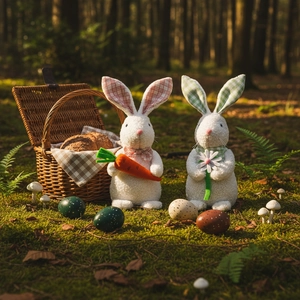 Standing Easter bunny figures with red and green plaid ears on a mossy forest floor