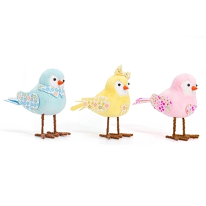 Three Easter bird plush figurines in blue, yellow, and pink with floral fabric details