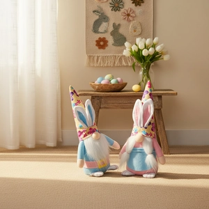 Easter gnome plush set with floral rabbit ear hats in a warm home setting for decoration