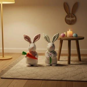 Detail of Easter plush bunnies with carrot and flower accents in a cozy home setting