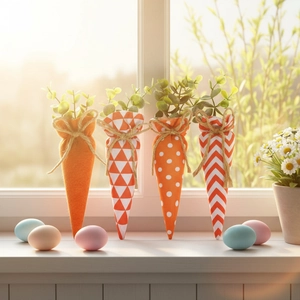 Easter carrot plush ornaments with orange patterns and green leaves for festive home decor