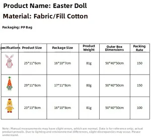 Guía de tallas del gnomo de Pascua con medidas para los estilos de conejo y pollito