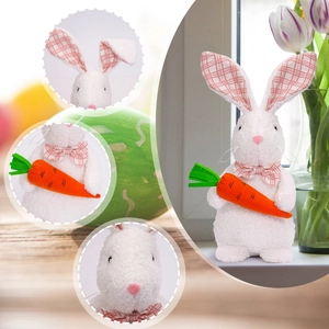 Detailed views of Easter bunny plush with pink plaid ears holding a carrot ornament