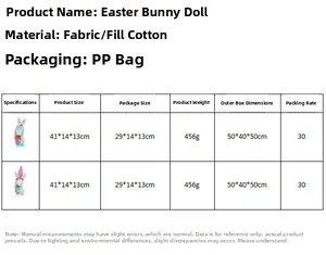 Size chart showing 41cm Easter bunny gnome plush toy dimensions and weight details