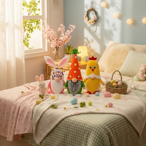 Handmade Easter gnome plush set with rabbit ears and Happy Easter embroidery decor