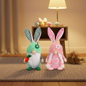 Handmade Easter bunny gnomes with checkered ears and knit texture for holiday decor
