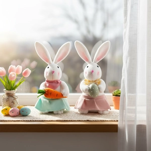 Osterhasen Plüschfiguren-Set mit Karotte und buntem Ei auf hölzernem Fensterbrett Deko