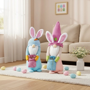 Set of two Easter bunny gnomes decorations with knitted hats and colorful bags
