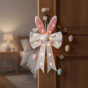Easter Hanging Ornament LED Glowing Rabbit Ears Large Bow Door Window Decoration Polyester Festival Home Party Decor