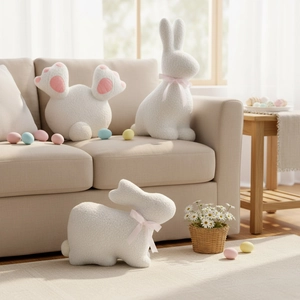 Easter Bunny Plush Pillow Sherpa Fleece Decorative Rabbit Throw Cushion With Pink Satin Ribbon Bow Home Party Decor Gift