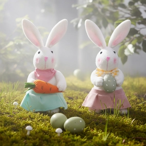 Osterhasen-Plüschpuppen mit Karotte und Ei auf moosigem Waldboden-Hintergrund