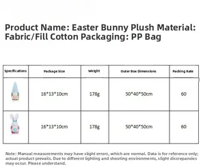 Detailed size and weight chart for the Easter Bunny Gnome and Rudolph plush doll ornament