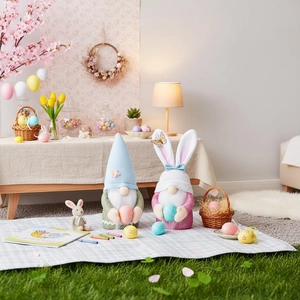 Easter gnome plush set with rabbit ears and colorful eggs in a spring garden scene