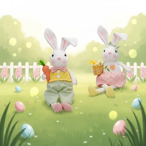 Easter bunny plush dolls with carrot and flower basket on a festive lawn background