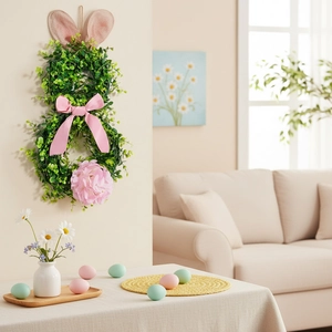 Easter Bunny Wreath Artificial Green Leaves Burlap Ears Bowknot Flower Door Wall Hanging Holiday Home Decor Ornament