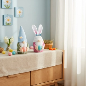 Easter gnome plush set with bunny ears and polka dot eggs on a wooden tabletop
