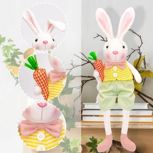 Detail shots of Easter plush rabbit showing striped vest, bow tie and fabric carrot toy