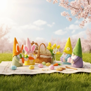 Set de cuatro gnomos de Pascua con huevos y zanahorias en un césped de primavera