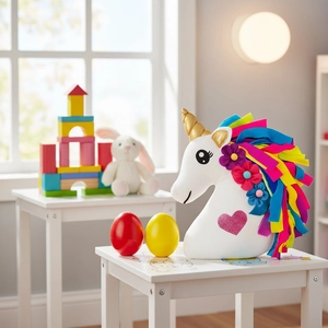 Plush DIY unicorn pillow craft set with colorful flowers and golden horn for bedroom decor