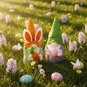 Gnomos de Pascua de peluche con orejas de conejo sosteniendo zanahoria y huevo en césped