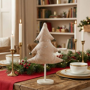 Beige Velvet Desktop Christmas Tree Ornament With Metal Bells Sequins For Holiday Home Office Tabletop Decoration