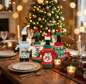 Detail of Christmas wine bottle covers featuring knitted sweaters and reindeer patterns