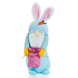 Detail of Easter gnome plush with blue knit hat, bunny ears and carrot ornament decor