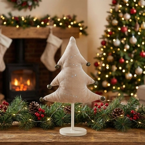 Mini velvet Christmas tree table decor with silver sequins and bronze bells on white stand