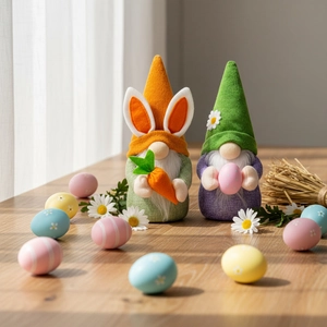 Detalle de gnomos de Pascua de peluche con orejas de conejo zanahoria y huevos de colores