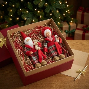 Standing Santa Claus and Mrs. Claus plush doll set in a gift box for Christmas decor