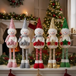 Set of five colorful sequined plush snowman dolls with long legs for Christmas home decor