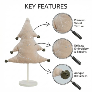 Beige velvet Christmas tree table decor with embroidery, sequins and brass bells on stand