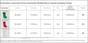 Size specifications and detailed material chart for sequin bow Christmas stockings