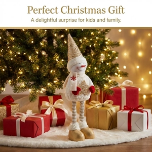 Detailed view of plush Christmas snowman with golden sequin hat and striped telescopic legs