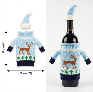 Blue knitted Christmas wine bottle sweater and hat set with reindeer and snowflake pattern