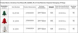 Detailed size chart for Christmas tree pillows showing dimensions and polyester material specs