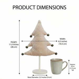 28cm beige plush Christmas tree with silver sequins, bells, and dimensions shown