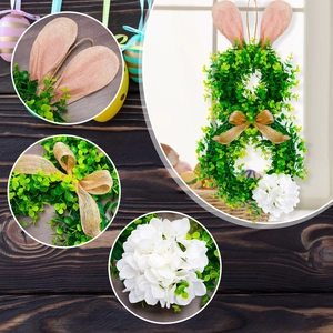 Detail of Easter bunny wreath showing burlap ears, bow, and white hydrangea petals