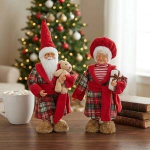 Standing 12 inch Santa Claus and Mrs. Claus plush figurines in red plaid robes decoration