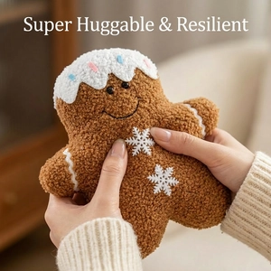 Plush Christmas gingerbread man pillow with snowflake embroidery and resilient soft texture