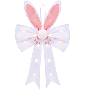 Lighted Easter bunny ear bow decoration with warm LED lights for wall and door hanging