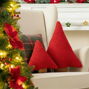 Christmas tree shaped plush pillows in red teddy velvet fabric for holiday decor